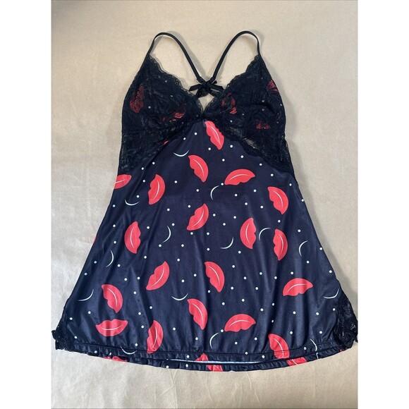 Women’s Red And Black Lips Lingerie Chemise Lace Cut Out Size Large Dress - Picture 2 of 8